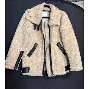 Zara Teddy Moto Jacket Cream Shearling Black Zippers Size S